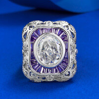 wholesale S925 Silver New Style High Carbon Diamond White G Color 9*11mm Oval Ice Flower Cut European and American Cross-Border Ring-R1087 White G 7