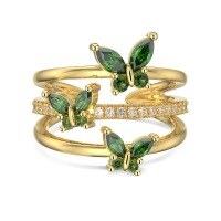 wholesale S925 Sterling Silver New Korean Style Open Adjustable Ring for Women, Surrounding Butterfly Zirconia Inlaid Hollow Stackable Ring for Wholesale-Gold green diamond DY120965-SG-WG Adjustable opening