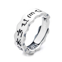 wholesale S925 Sterling Silver Matte Vintage Antique Craft Hollow Six-Character Mantra Ring, Unisex Bohemian Statement Band-665JM/approx. 4.3g>Adjustable opening
