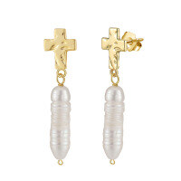 wholesale 14K Gold Baroque Pearl Cross Earrings for Women, European and American Cross-Border Fashion 925 Sterling Silver Earrings-S925 sterling silver + natural freshwater beads weigh approximately 6.13g 925 silver