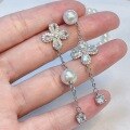 wholesale Metal material, cross-border new asymmetrical flower pearl tassel earrings for women, versatile and elegant, lightweight luxury fashion high-end ear accessories-0-3