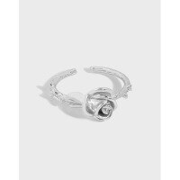 wholesale S925 Sterling Silver Korean Version Ins Minimalist Design Floral Rose Textured Adjustable Open Ring for Women-Silver [No. 14/Adjustable] Opening adjustable