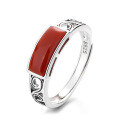 wholesale S925 Sterling Silver Creative Leaf Hollow-Out Design Ring Holder with Southern Red Rectangular Ethnic Style Open Ring-0-6