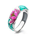 wholesale S925 Sterling Silver Retro Antique Style Enamel Lotus Flower and Leaf Three-Dimensional Design Pastoral Open Ring-0-4