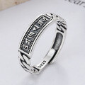 wholesale S925 Sterling Silver Retro Vintage Blackened Six-Character Mantra Braided Splice Open Ring-0-0