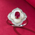 wholesale S925 Sterling Silver Live Stream Style Ring with White Mother-of-Pearl Inlay and 4*6mm Pigeon Blood Red, Fashionably Delicate Vintage Charm, Elegant and Graceful-0-2