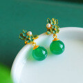 wholesale 925 Sterling Silver Gold-Plated Green Chrysoprase Earrings, Cold Enamel Flower Palace Ancient Style Jade Ear Accessories-0-0