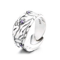 wholesale S925 Sterling Silver Retro Irregular Textured Design with Purple Zircon Inlay Fashionable Statement Ring for Index Finger-696J/approx. 5.12g Adjustable opening