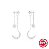 wholesale S925 Sterling Silver Star and Moon Tassel Earrings with Inlaid Diamonds, Korean Style Hot-Selling Bright Silver Earrings-Silver plated 925 silver