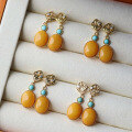 wholesale S925 silver inlaid natural Russian raw amber antique turquoise earrings, vintage-style amber earrings-0-5