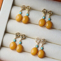 wholesale S925 silver inlaid natural Russian raw amber antique turquoise earrings, vintage-style amber earrings-Aged wax turquoise earrings 925 silver