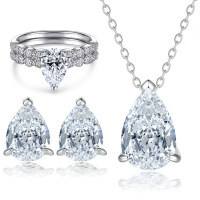 wholesale 925 Sterling Silver European and American Pave Diamond Ring Set with Zircon Stud Earrings and Pear Drop Pendant Necklace Jewelry Suite-Ring TL-420 + Earrings TLED145 + Necklace TLXL155  US Size 7#