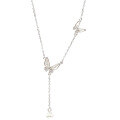 wholesale Sterling Silver S990 Two Butterflies Dancing Tassel Mother-of-Pearl Pearl Necklace Fashion Minimalist Niche Design Collarbone Chain-0-4