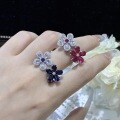 925 Silver Lab-Grown Ruby Flower Ring, Retro Design, Fashionable-0-3