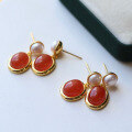 wholesale S925 sterling silver gold-plated natural Sichuan cherry red pearl earrings, women's pearl and southern red agate stud earrings-0-3