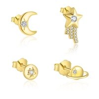 wholesale S925 Sterling Silver Cross-border Star And Moon Luxury Zircon Earrings For Women, Fashionable And Versatile French Minimalist Trendy Ear Accessories-Single four-piece set 925 silver
