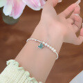 wholesale S925 Sterling Silver Breeze Crushed Silver Freshwater Pearl Bracelet for Women, Aquamarine Jadeite Butterfly Luxury Exquisite Hand String-0-5