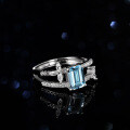 Sterling Silver Natural Blue Topaz Moissanite Double Layer Zuma Emerald Cut Rectangle Ring-0-1