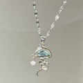 wholesale S925 Sterling Silver Blue Jellyfish Necklace, Minimalist Design, Premium Oceanic Style Pendant, Versatile Women's Collarbone Chain-0-3