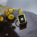 wholesale S925 Sterling Silver Retro Elegant Princess-Cut Natural Black Onyx Ring for Women, Luxury-Style Silver Ring-0-0
