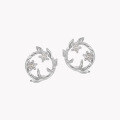 wholesale S925 Sterling Silver Minimalist Original Earrings with Advanced Sense of Light Luxury, Entwined Leaves and Diamond-Encrusted Floral Wreath Design for Women-0-4