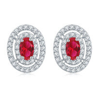 wholesale S925 Sterling Silver Cross-Border New Oval Stud Earrings, European and American Fashion Full Row of Zirconia Diamond Stud Earrings, High-End Wholesale-Red Corundum [July]>925 Silver