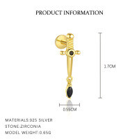 wholesale 925 Sterling Silver Round Black Zircon Earrings Women's。-E4790-Gold/Pair 925 Silver