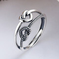 wholesale S925 Sterling Silver Korean-style Love Knot English "Love" Crown Design Pink Stone Accented Adjustable Open Ring-0-2