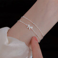 wholesale S925 Sterling Silver Diamond-Studded Bow Double Layer Bracelet Simple and Sophisticated Beaded Personalized Anklet S5339-0-0