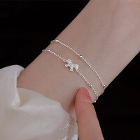 wholesale S925 Sterling Silver Diamond-Studded Bow Double Layer Bracelet Simple and Sophisticated Beaded Personalized Anklet S5339-S925 Silver Bracelet-Gold 925 Silver