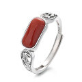wholesale S925 Sterling Silver Creative Leaf Hollow-Out Design Ring Holder with Southern Red Rectangular Ethnic Style Open Ring-0-4