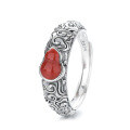 wholesale S925 Sterling Silver Vintage Retro Chinese Style Gourd-shaped Red Agate Auspicious Cloud Pattern Adjustable Ring-0-4
