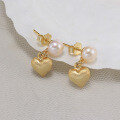 wholesale S925 Sterling Silver Earrings with Cultured Freshwater Pearls and 14K Gold Heart Pendant Factory Direct-0-2