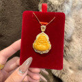 wholesale S925 Silver Natural Beeswax Buddha Pendant, Hand-carved Traditional Chinese Style Laughing Buddha in Chicken-fat Yellow Amber-0-1