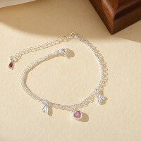 wholesale Metal material European and American cross-border forest-style pink diamond love double-layer bracelet for women, fashionable, sweet, simple, versatile, high-end sense hand accessory-xb1461--Double line pink diamond love bracelet