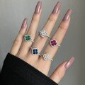 wholesale S925 silver trendy Korean and Japanese style women's four-leaf clover ring with colorful zirconia inlay, luxurious and high-end closed design-0-0