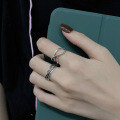 wholesale S925 Silver Korean-style Vintage Distressed Cross-wrapped Black Zircon Adjustable Open Ring for Women-0-3