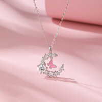 wholesale S925 Sterling Silver Dainty Butterfly Necklace for Women, Minimalist and Unique Design, Versatile Full-Diamond Moon Pendant Choker with Engraving-Dynamic Butterfly Necklace>925 Silver