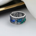 wholesale S925 Sterling Silver Retro Matte Ethnic Style Colorful Resin Hollow-Out Lotus Koi Fish Heart Sutra Adjustable Ring-0-2