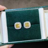 wholesale S925 Sterling Silver Pink Sakura Full Diamond Square Stud Earrings, Versatile and Elegant Silver Jewelry Wholesale-Yellow Diamond-ED139 925 Silver