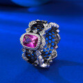 wholesale S925 Silver Light Luxury Intricate Lace-Embedded 5*7mm Fat Square Pink Crystal Ring Live Stream Edition-0-2