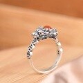 wholesale 925 Silver Retro Antique Matte Finish Pi Yao Coin with Southern Red Inlay, Vintage Style Adjustable Ring for Women-0-2