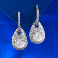 wholesale Sterling Silver Natural Water Foam Jade Earrings for Women, New Chinese Glass-Type White Chalcedony Jade Earrings-E513 Water Jade White Diamond 925 Silver
