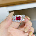 wholesale S925 Sterling Silver Lace Ring for Women with Ruby Red Corundum and Emerald Cut Diamond, Japanese and Korean Style Minimalist Unisex Versatile Design-0-0