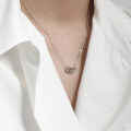 wholesale S925 Sterling Silver 0120 Korean Version Ins Niche Design Minimalist Double Circle Ring Diamond Grid Inlay Zircon Textured Necklace-0-2