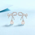 wholesale 925 Silver Natural Freshwater Pearl Earrings with Micro-Paved Moissanite Bow Tie Studs-0-5