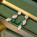 wholesale S925 silver new small fresh 45*9mm marquise leaf earrings with lab-grown emerald ear studs-0-1