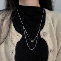wholesale S925 Sterling Silver Double Layer Smiley Bead Necklace with Geometric Round Bead Pendant, Minimalist Ins Sweater Chain for Women-0-3