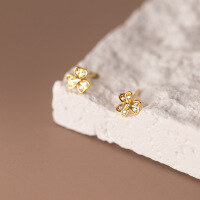 wholesale S925 Sterling Silver Inlaid Diamond Three-Leaf Flower Earrings, Korean Style Simple and Fresh Miniature Summer Ear Accessories M00375-S925 silver pair rose gold 925 silver