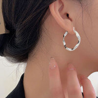 wholesale S925 Sterling Silver Geometric Irregular Circle Hoop Earrings for Women, Korean New Style Minimalist and Elegant Earrings-Sterling silver